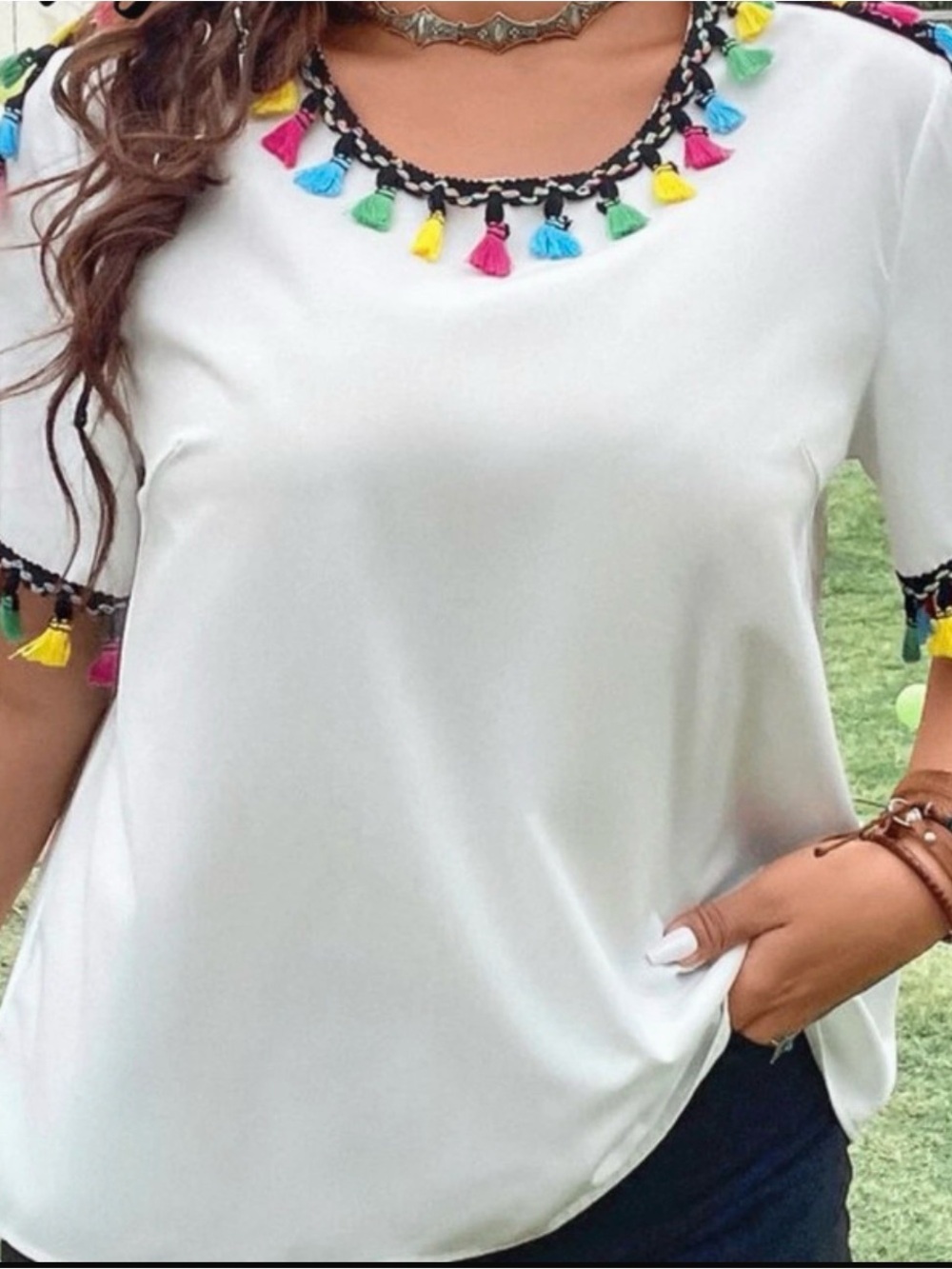SHEIN White Short Sleeve Top with Multicolor Tassel Trim